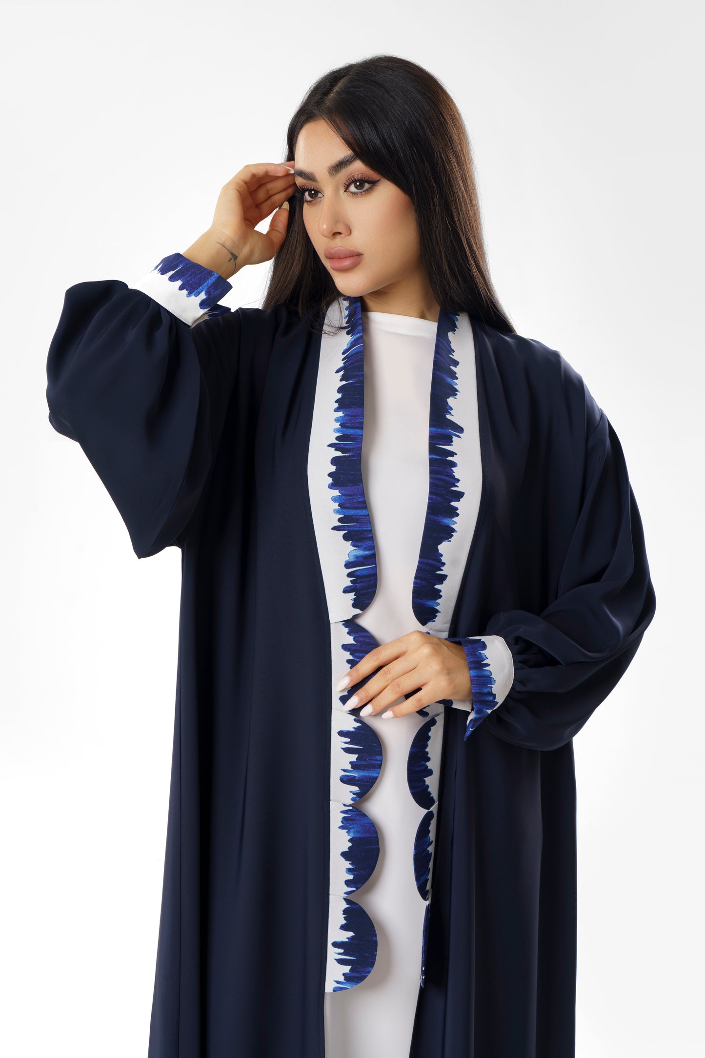 Navy Blue Abaya With Leaf Pattern Trim