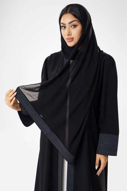 Chic Black Abaya with Geometric Embroidery Detail