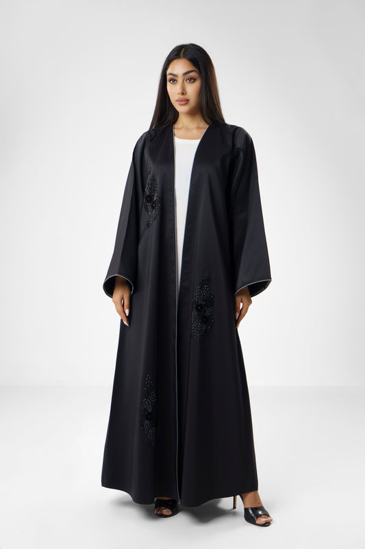 Sophisticated Black Abaya With Elegant Beaded Embellishments