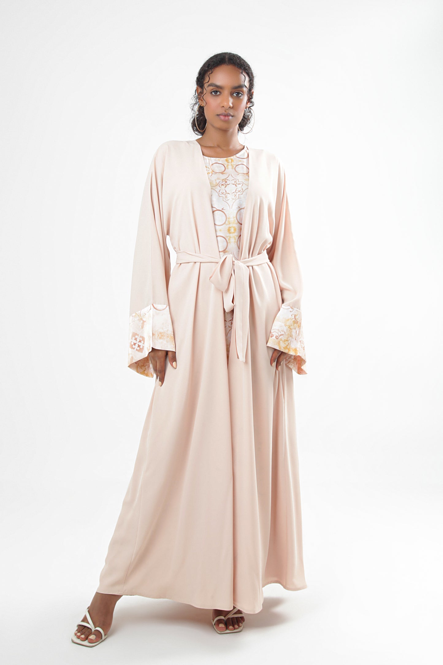 Belted Abaya With Silk Print Dress