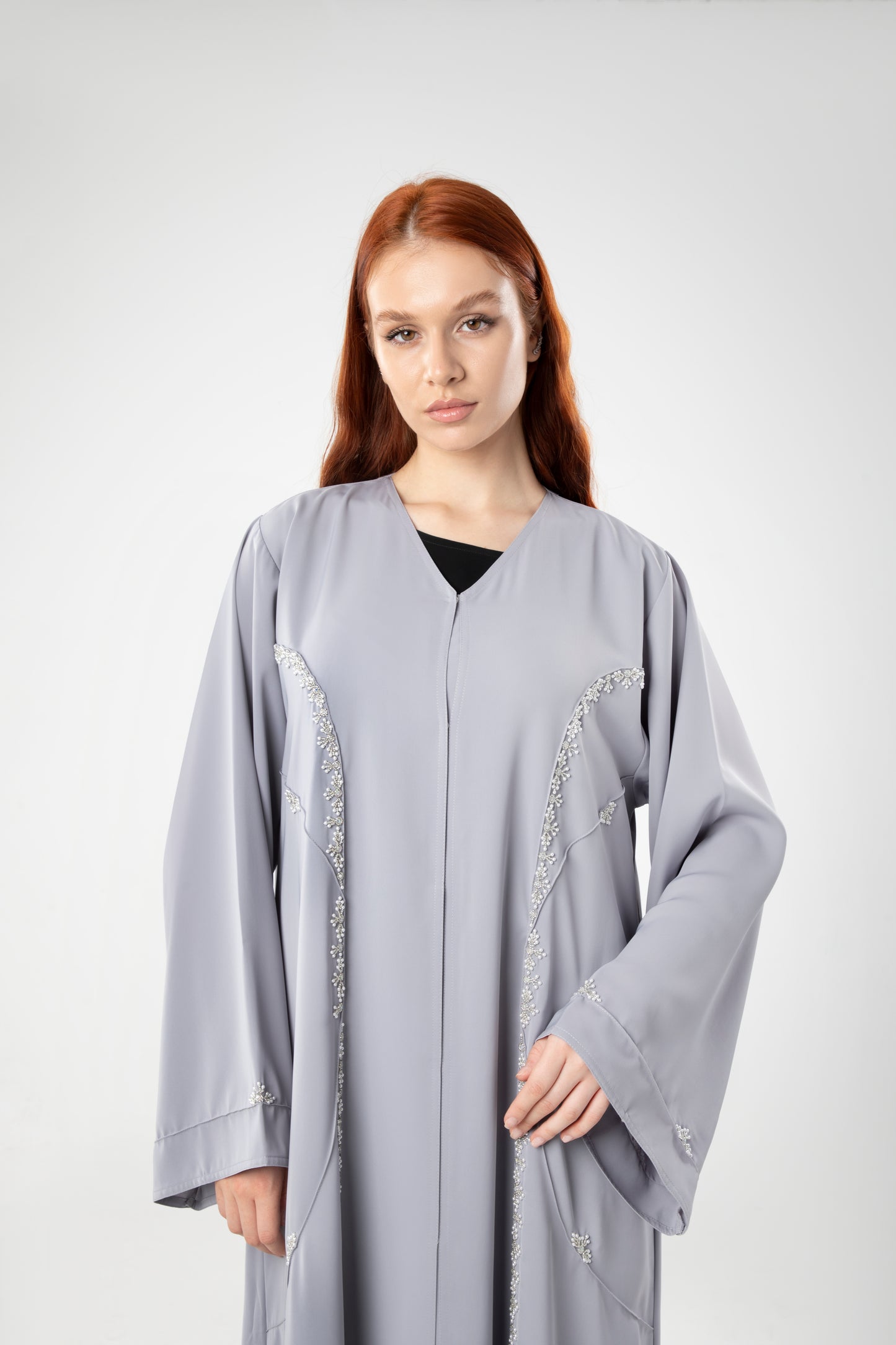Gray Abaya With Beads Design