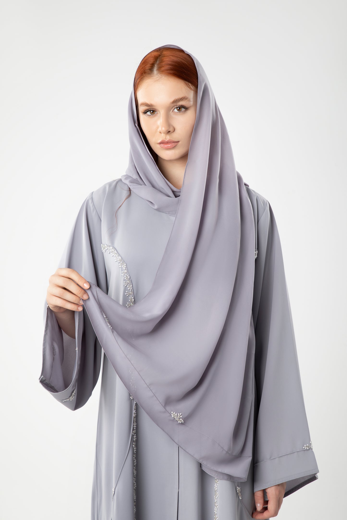 Gray Abaya With Beads Design