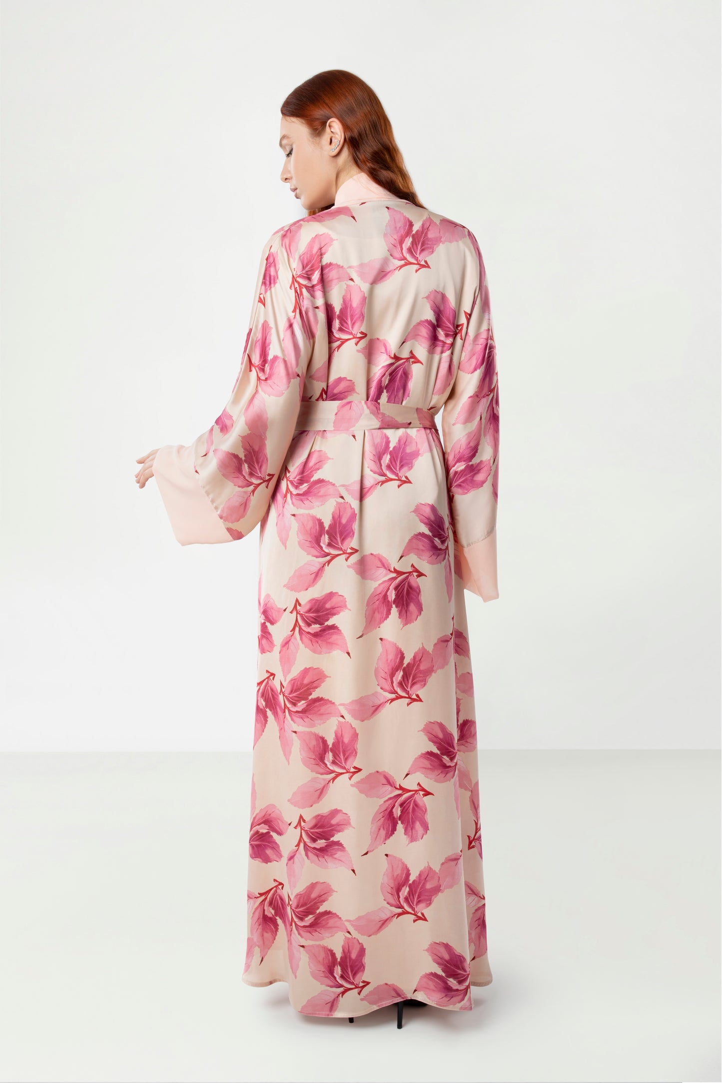 Floral Silk Print Belted Abaya