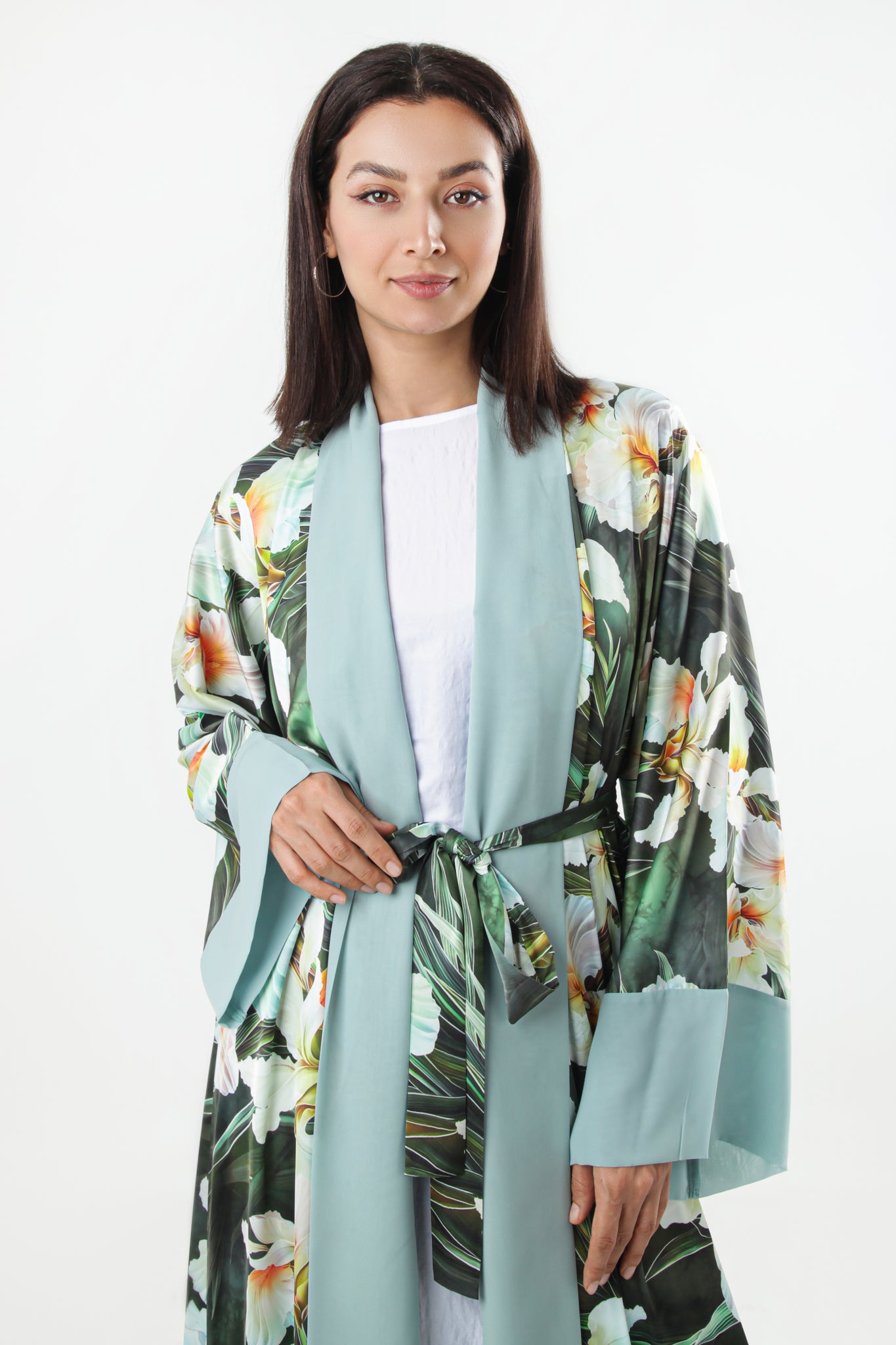 Silk Print Floral Belted Abaya
