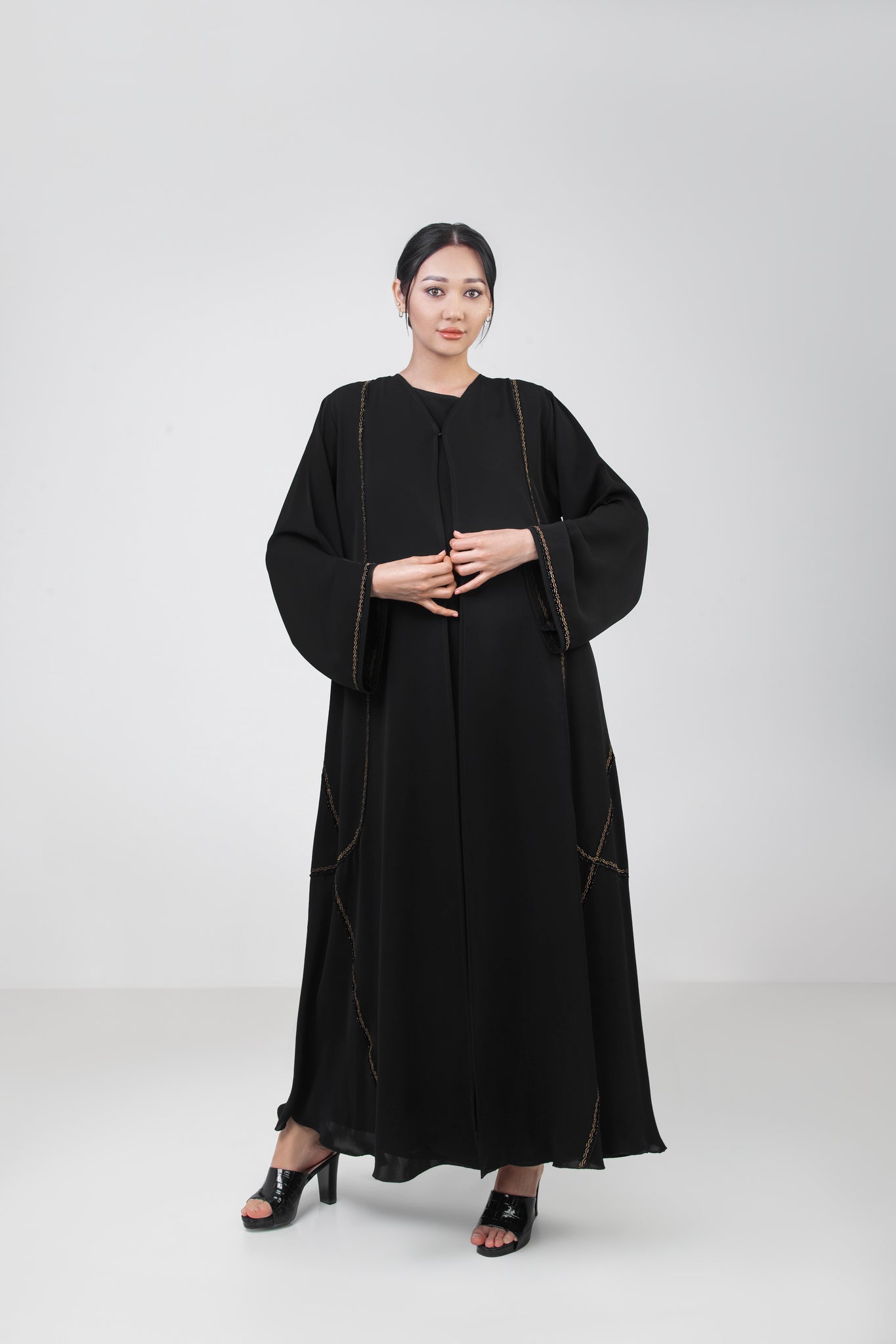 Open Modest Abaya With Gold Strips Design